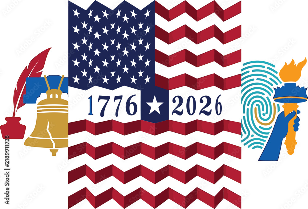 Obraz premium Usa 1776 to 2026 semicentennial with liberty bell, quill pen, torch, and fingerprint pattern