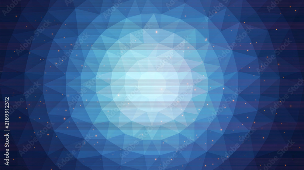 Fototapeta premium Blue low poly geometric background with glowing light center and sparkle particles