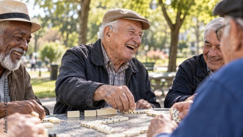 Elderly Man With a Hearing Aid Laughing Over Dominoes