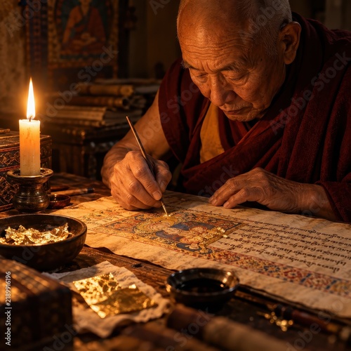 Elderly Monk Illuminating a Manuscript Page by Candlelight