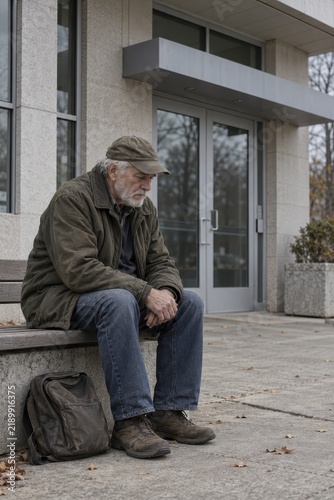 Elderly Veteran Waiting Alone Outside a Closed Benefits Office