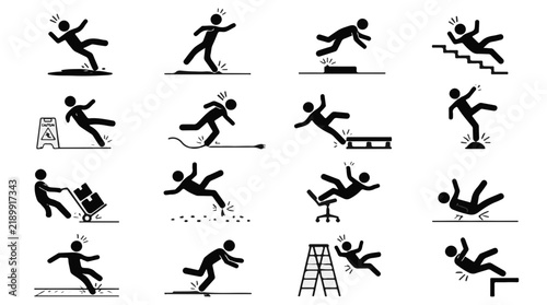 Set of 16 Black Stick Figure Pictograms Illustrating Various Accidents and Injuries