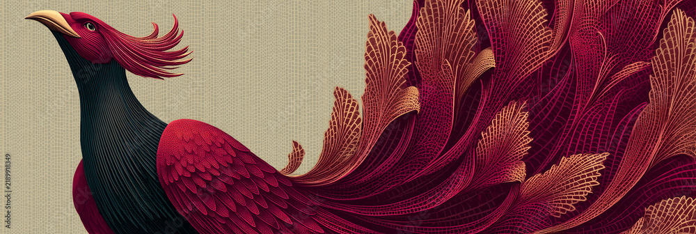 Obraz premium Ornate fantasy phoenix bird with crimson and gold filigree feathers and a dark navy body on textured beige linen for elegant wall decor and banner art