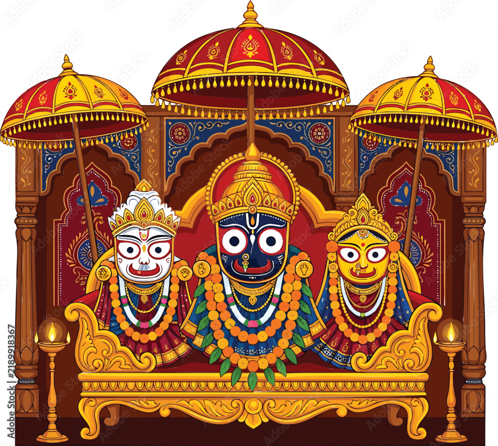 Fototapeta premium Jagannath, balabhadra, and subhadra deities on ornate golden throne puri