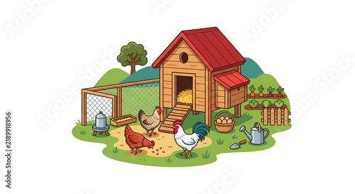 Wooden chicken coop in farmyard illustration