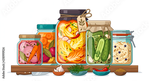 Fermented vegetables in jars flat vector illustration