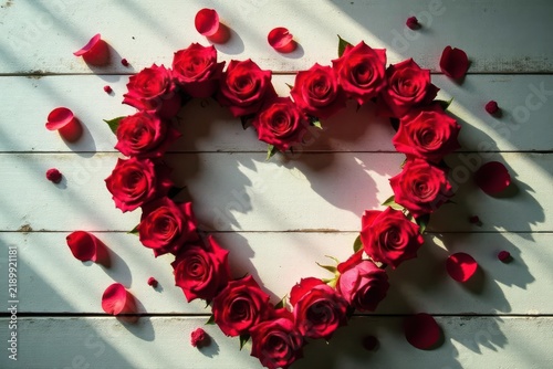 Heart-Shaped Arrangement of Crimson Roses on Weathered White Planks Illuminated by Sunlight