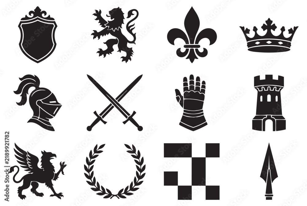 Fototapeta premium Medieval heraldic kingdom icons and royal silhouette set