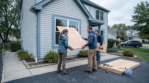 People boarding up windows on a suburban house before a storm  