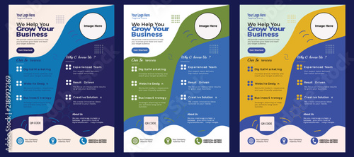 Three business flyer templates with geometric wave layouts in blue, green, and yellow color schemes