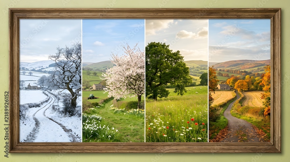 Fototapeta premium Four seasons landscape in framed canvas print rural countryside path through changing weather