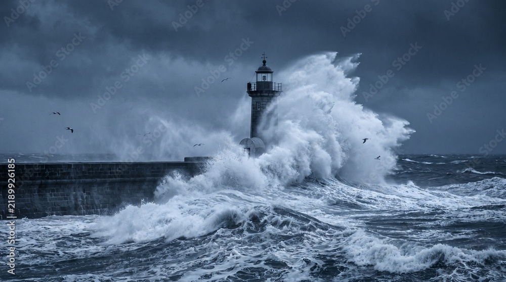 Fototapeta premium Large ocean wave crashing against a stone lighthouse pier during a powerful stormy weather event with crashes with sea