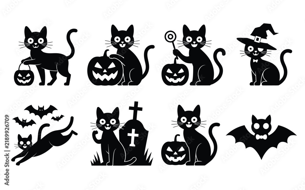 Fototapeta premium Cute black cat halloween vector set with jack o lantern pumpkins witch hat grave bat and candy for autumn holiday