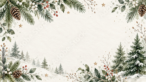 Watercolor Winter Forest Christmas Border Background