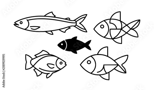 Minimal fish outline and solid silhouette icon collection in modern geometric vector style