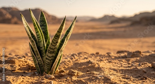 Resilient snake plant sansevieria growing in a dry arid desert landscape at sunset