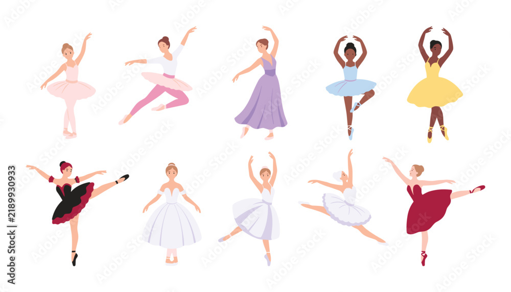 Fototapeta premium Graceful ballet dancers vector set featuring diverse women ballerinas posing and jumping in beautiful colorful dresses on white background