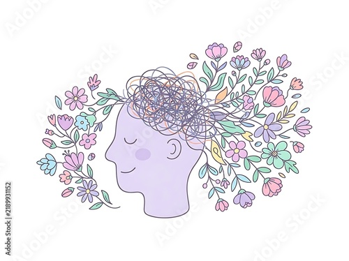 Illustration of a human head with messy thoughts transforming into beautiful blooming flowers.