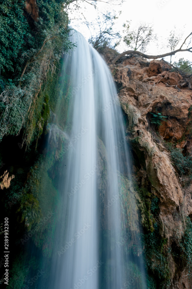 Obraz premium A tall silky waterfall pours down a mossy rock face amid green trees in the Monasterio de Piedra natural park in Aragon, Spain, a serene vertical long exposure of flowing water and lush nature.