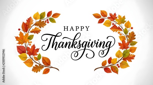 Elegant thanksgiving calligraphy with autumn leaves border festive holiday greeting design