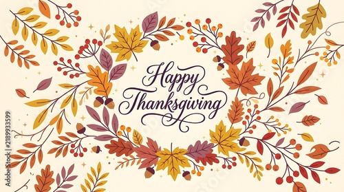 Happy thanksgiving floral wreath illustration with autumn leaves and calligraphy text