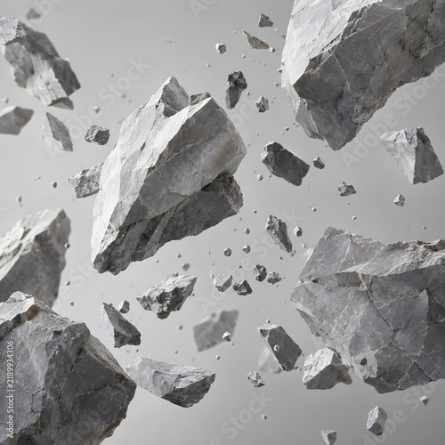 Floating Gray Stone Fragments on Minimal Light Background
