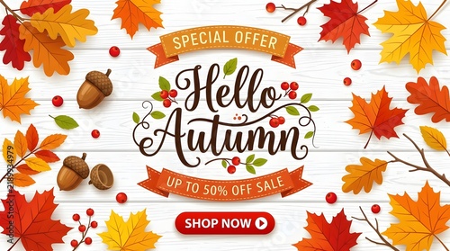 Autumn sale banner with maple leaves acorns and call to action for seasonal promotions