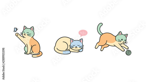 Three cute cartoon cats in different poses, playing with a butterfly and a ball of yarn.