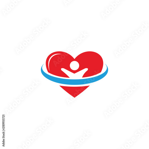 Bild auf Leinwand Abstract medical care logo icon featuring a big red heart shape combined with a stylized human figure and a blue orbital swoosh ring on an isolated clean white background