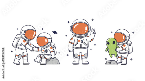 Cute astronauts in space interacting with each other and an alien friend.