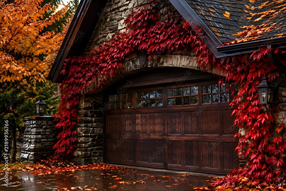 Fototapeta premium Stone garage surrounded by deep red vines and scattered amber leaves after rain in rich saturated natural textures