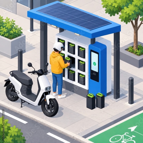 Isometric Illustration of an Electric Moped Battery Swap Kiosk