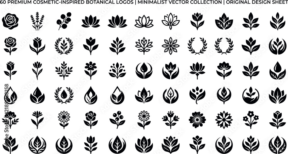 Obraz premium Minimalist botanical logos, 60 premium cosmetic floral icons, black vector set