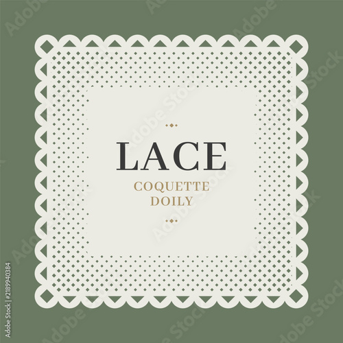 Lace doily border with label vintage invitation and square retro wedding. Design frame template with coquette pattern background and antique vector shape.