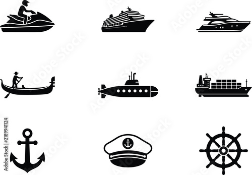 Maritime water transport vector icon set with ships boats anchor navigation steering wheel and cruise liner silhouettes