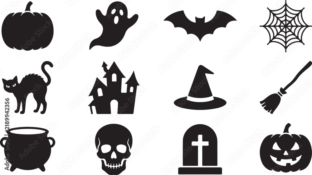 Fototapeta premium Collection of black halloween featuring a pumpkin, ghost, bat, spider web, black cat, haunted house, witch hat, broom, cauldron, and skull