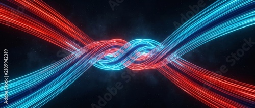 Twisted fiber optic plasma streams, intertwined red and cyan glowing energy particle filaments in dark space. High velocity data transfer concept visualizes bidirectional broadband networking.