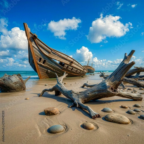 Abandoned Wooden Shipwrecks and Driftwood on Sandy Beach Under Cloudy Blue Sky
