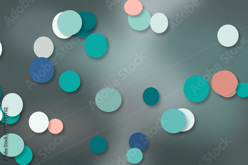 Fotografía Colorful paper-like circles and dots float on a muted teal gray plane with diagonal line texture, perfect for concept presentations and brand design