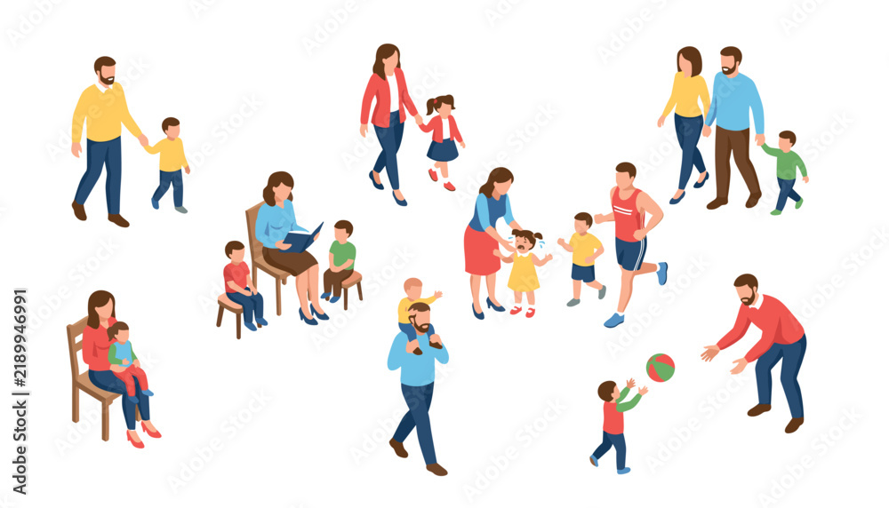Fototapeta premium Isometric family activities vector set with parents walking playing reading and spending time with children on white background
