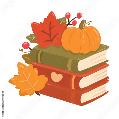 A stack of books  with pumpkin and autumn leaves