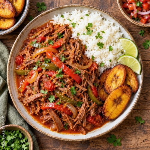 Overhead Flat Lay Of Colorful Cuban Ropa Vieja Rice