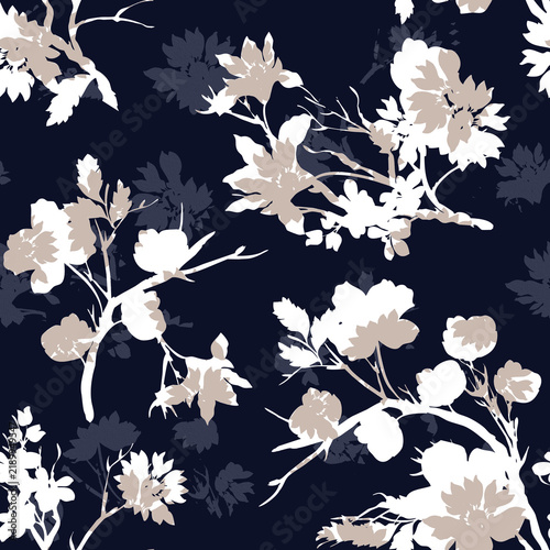 Elegant floral seamless pattern with minimalist flower silhouettes and botanical branches on dark navy blue background