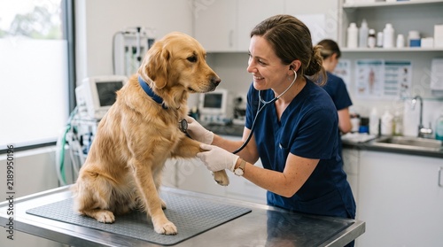 Veterinarian examines a golden retriever dog with a stethoscope in a bright clinic examination room
