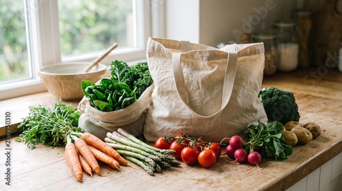 Fresh Organic Vegetables and Reusable Shopping Bag on Kitchen Countertop