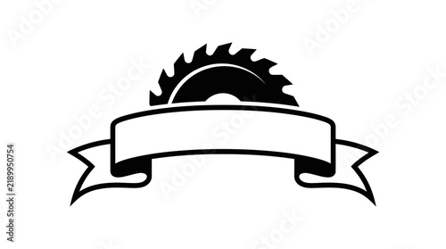 Black and white circular saw blade emblem with a blank ribbon banner.