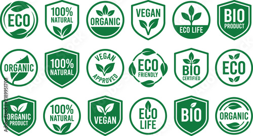 Organic Eco Vegan Bio Badge Labels Collection With Green Leaf Stamps Natural Product Sticker Set Design