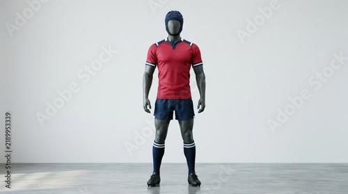 Red and Blue Rugby Jersey Mockup on Mannequin, Full Uniform with Scrum Cap
