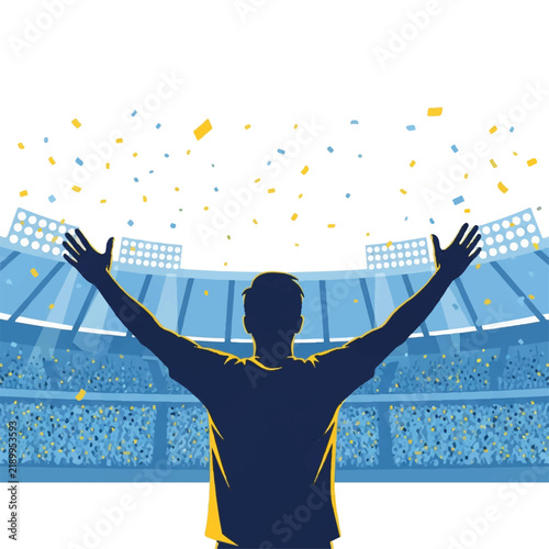 Back view silhouette of a player with arms raised high facing a massive stadium crowd with raining confetti, high energy atmosphere, blue and yellow palette, minimalist flat vector artwork,