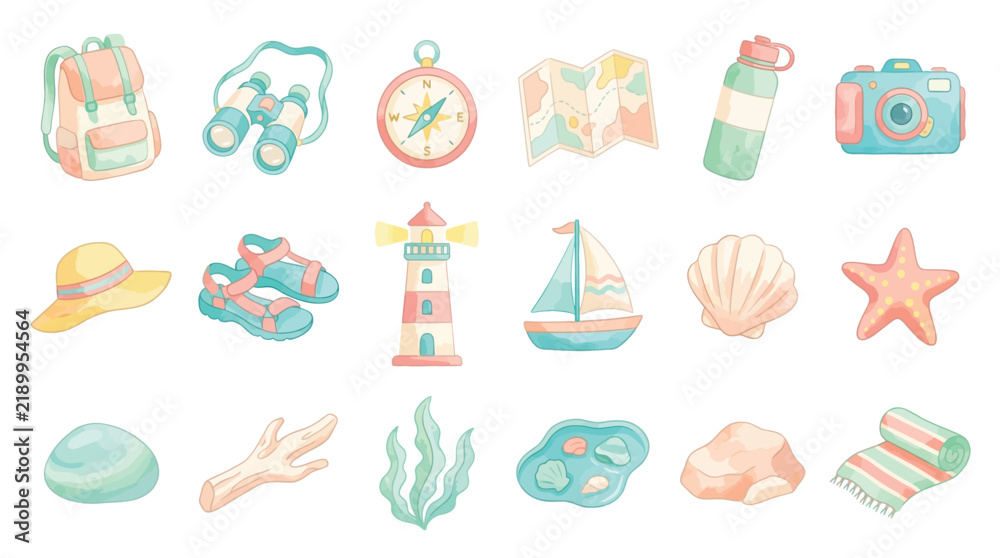 Fototapeta premium Set of cute watercolor travel and summer vacation elements isolated on white background.